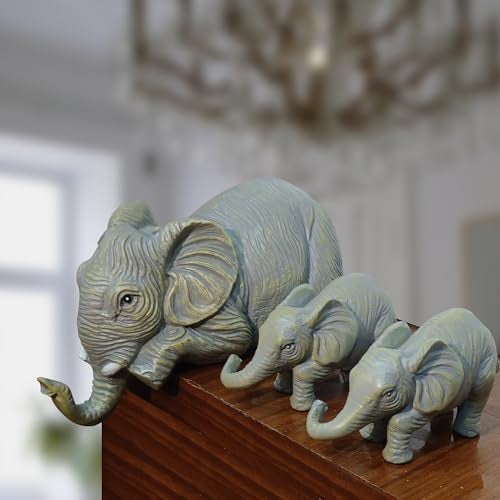 Mariner's Creation Premium Set of 3 Realistic Elephant Sitter Hand-Painted Figurines, Mother and Two Babies Hanging Off The Edge of A Shelf Or Table - Image 5