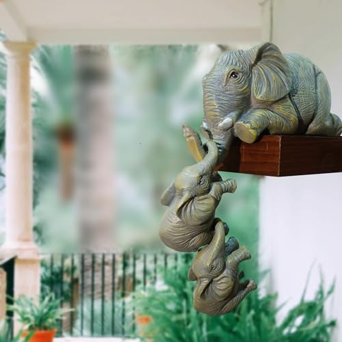 Mariner's Creation Premium Set of 3 Realistic Elephant Sitter Hand-Painted Figurines, Mother and Two Babies Hanging Off The Edge of A Shelf Or Table - Image 2