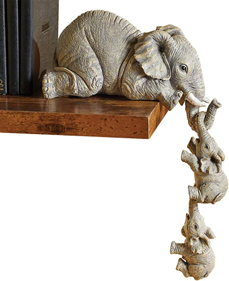Mariner's Creation Premium Set of 3 Realistic Elephant Sitter Hand-Painted Figurines, Mother and Two Babies Hanging Off The Edge of A Shelf Or Table - Image 1