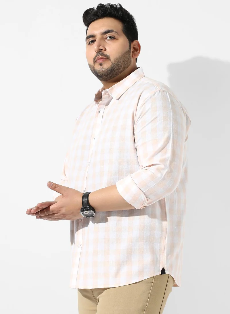 Instafab Plus Men's White And Peach Checkered Regular Fit Casual Shirt