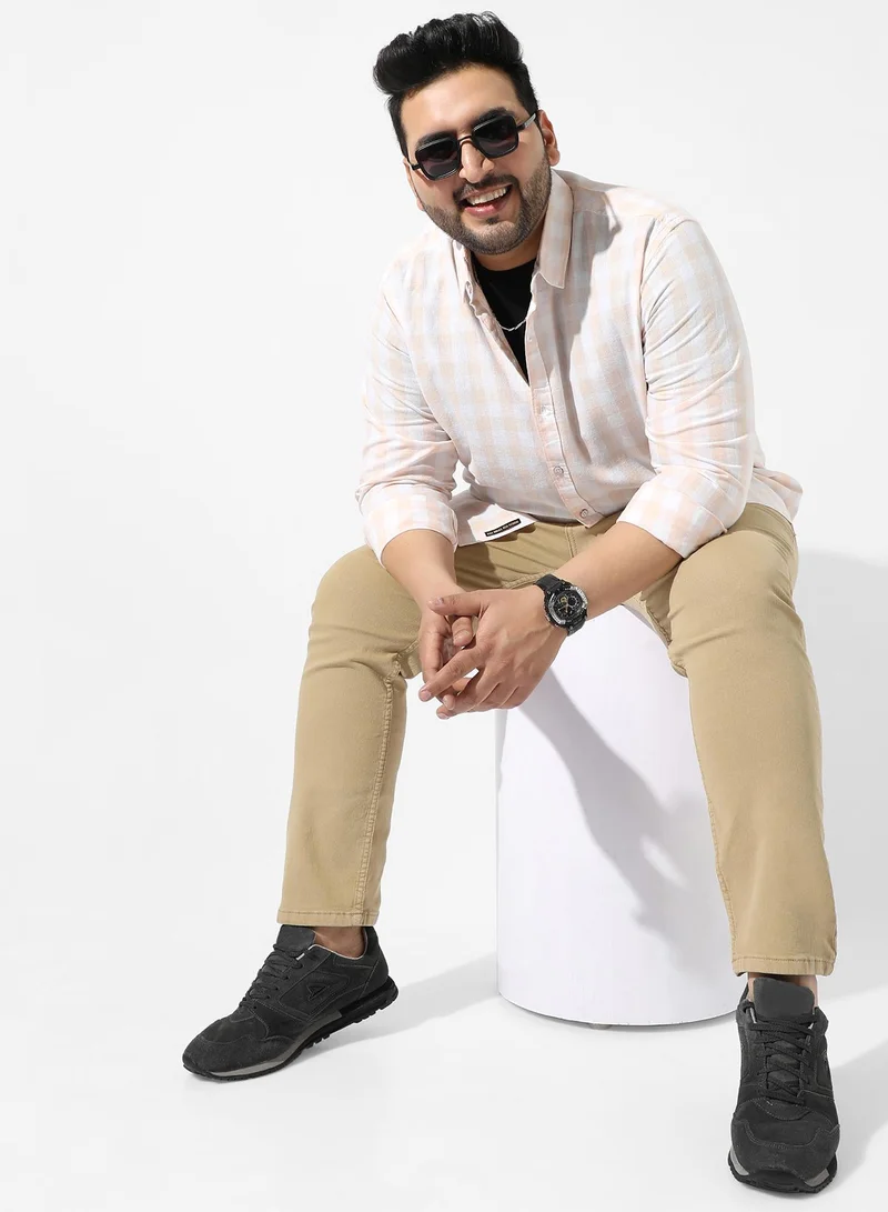 Instafab Plus Men's White And Peach Checkered Regular Fit Casual Shirt