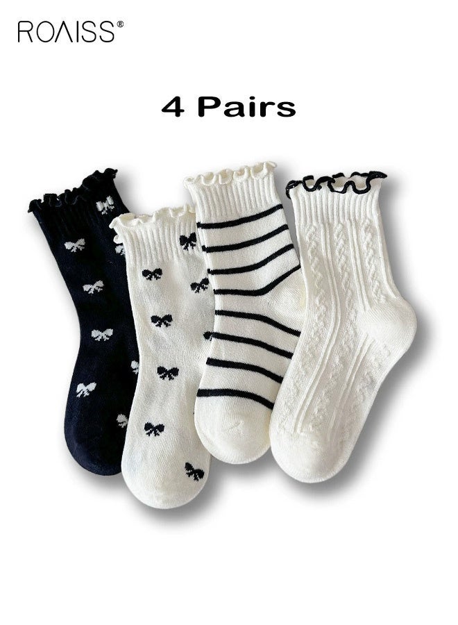 roaiss Girls 4 Pairs Mid-Calf Socks, Comfortable Breathable Socks Set, Anti-pilling Soft Socks with Ruffled Design, Stylish Middle Tube Socks for Girls, Suitable for Summer - Image 1