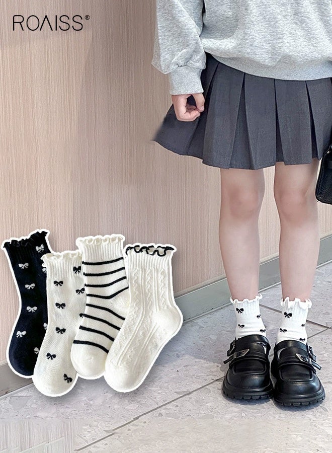 roaiss Girls 4 Pairs Mid-Calf Socks, Comfortable Breathable Socks Set, Anti-pilling Soft Socks with Ruffled Design, Stylish Middle Tube Socks for Girls, Suitable for Summer - Image 2