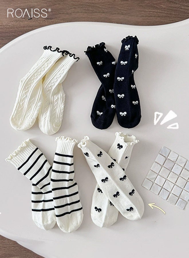 roaiss Girls 4 Pairs Mid-Calf Socks, Comfortable Breathable Socks Set, Anti-pilling Soft Socks with Ruffled Design, Stylish Middle Tube Socks for Girls, Suitable for Summer - Image 3