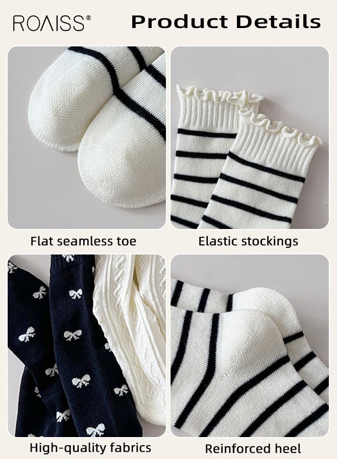roaiss Girls 4 Pairs Mid-Calf Socks, Comfortable Breathable Socks Set, Anti-pilling Soft Socks with Ruffled Design, Stylish Middle Tube Socks for Girls, Suitable for Summer - Image 5