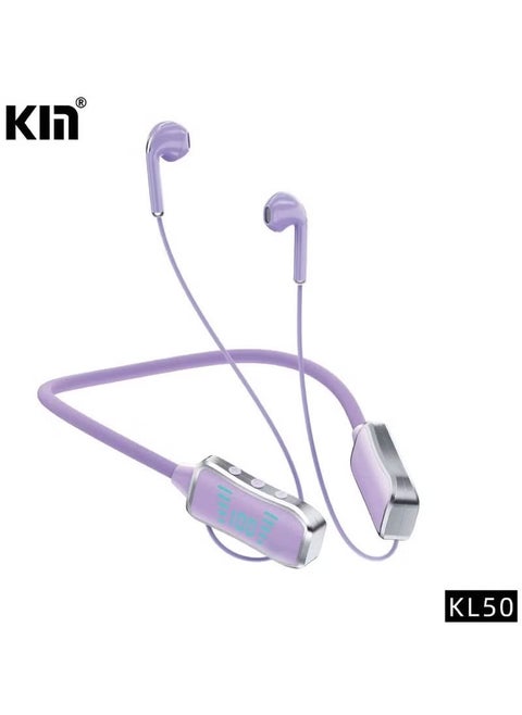 KL50 Bluetooth Neckband Earphones – 48H Playtime, LED Display, TF Card Slot, Multi-Functional Button Control – Purple Wireless Earbuds for Music, Calls & Sports