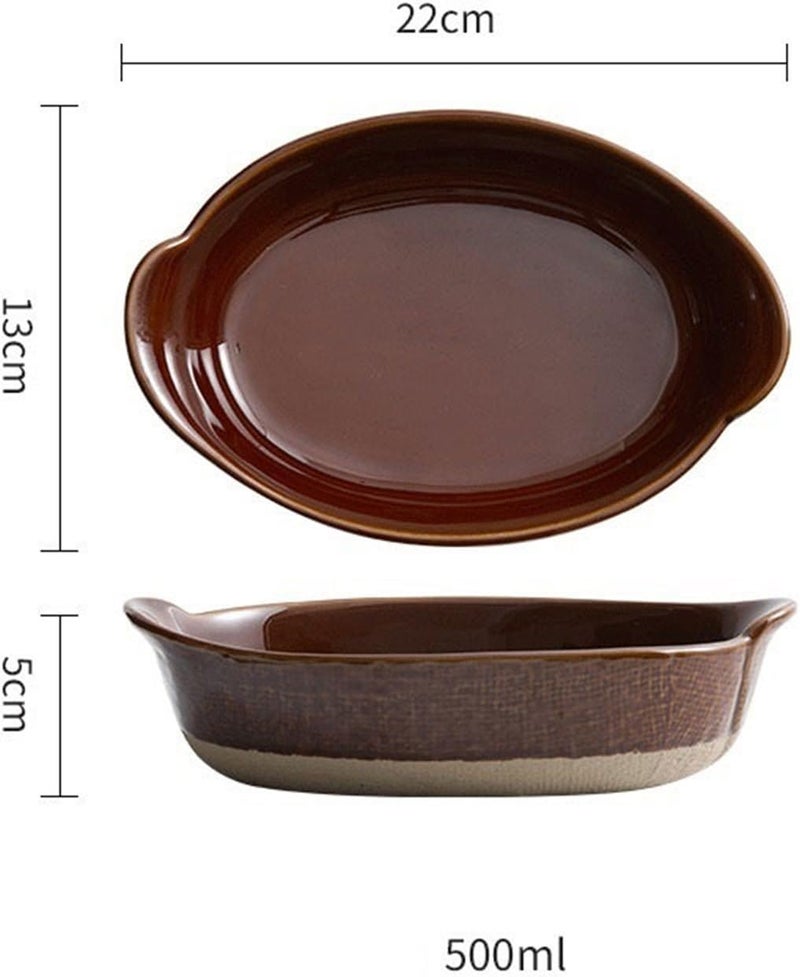 Roaster Ceramic Double Ear Retro Cheese Baked Rice Plate Creative Salad Bowl Household Deepening Plate Rough Ceramic Tableware roasting pan(Brown,8.5 inches) - Image 2