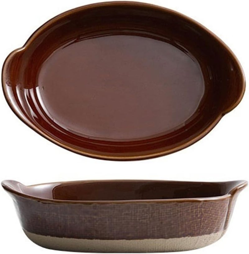 Roaster Ceramic Double Ear Retro Cheese Baked Rice Plate Creative Salad Bowl Household Deepening Plate Rough Ceramic Tableware roasting pan(Brown,8.5 inches) - Image 1