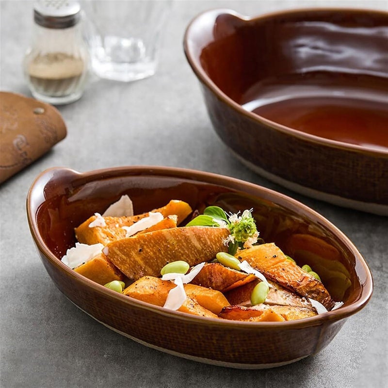 Roaster Ceramic Double Ear Retro Cheese Baked Rice Plate Creative Salad Bowl Household Deepening Plate Rough Ceramic Tableware roasting pan(Brown,8.5 inches) - Image 3