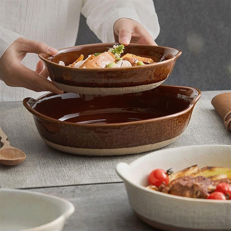 Roaster Ceramic Double Ear Retro Cheese Baked Rice Plate Creative Salad Bowl Household Deepening Plate Rough Ceramic Tableware roasting pan(Brown,8.5 inches) - Image 5