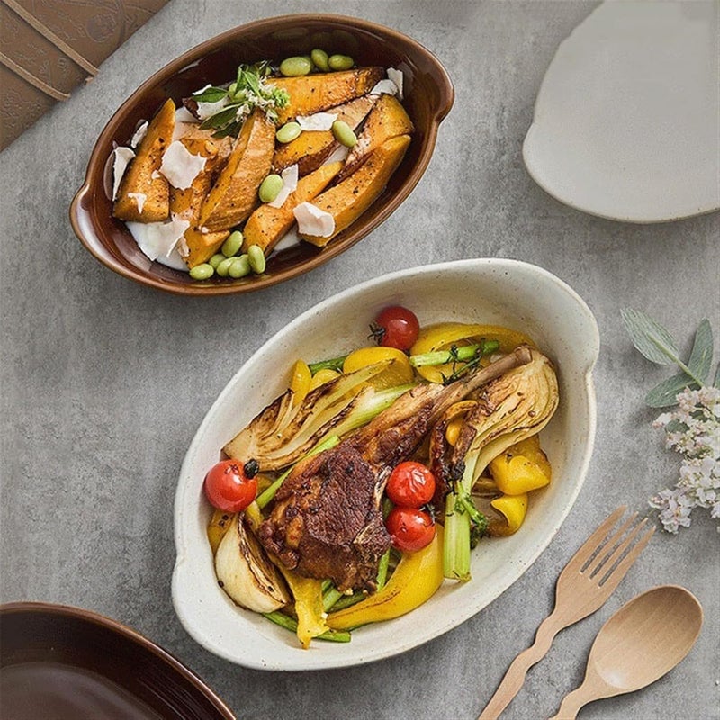 Roaster Ceramic Double Ear Retro Cheese Baked Rice Plate Creative Salad Bowl Household Deepening Plate Rough Ceramic Tableware roasting pan(Brown,8.5 inches) - Image 4