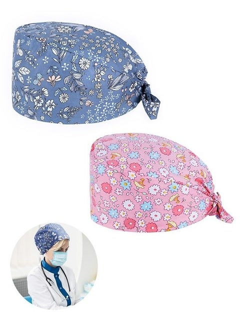 2Pcs Adjustable Working Cap with Lace up Elastic Bouffant Hats Head Scarf with Sweatband (Pink+Blue)