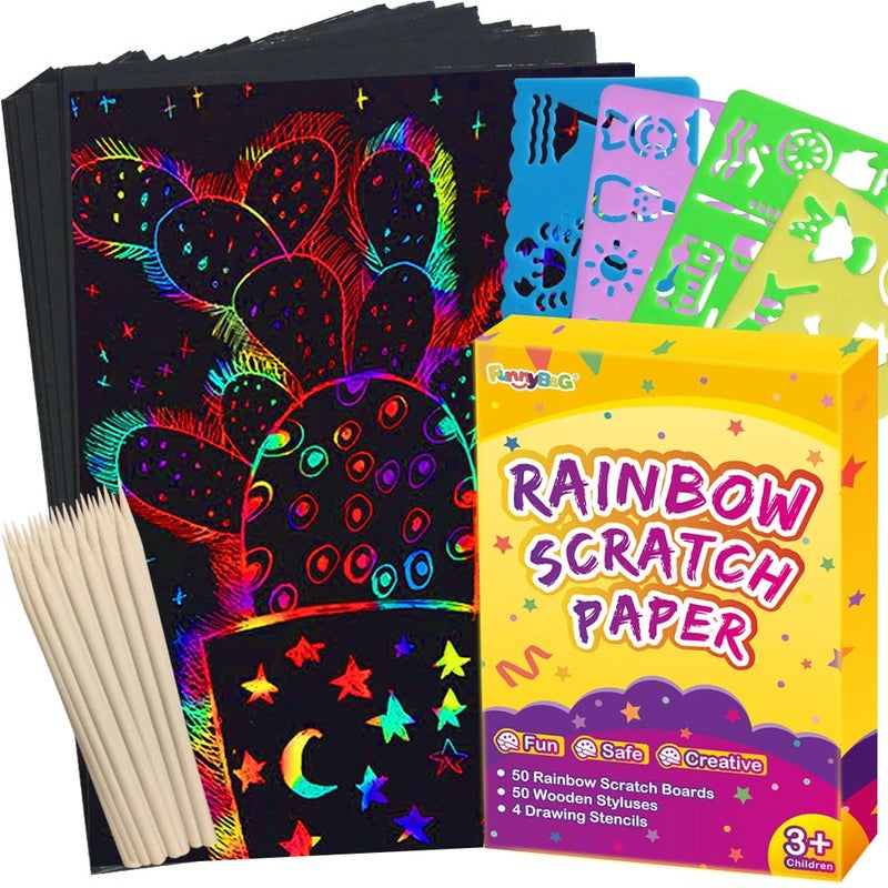 Funnyb&G Rainbow Scratch Paper Art For Kids - 200 Pcs Magic Rainbow Scratch Paper Off Set Scratch Crafts Arts Supplies Kit Pads Sheets For Party Games Halloween Christmas Birthday Gifts - Image 1