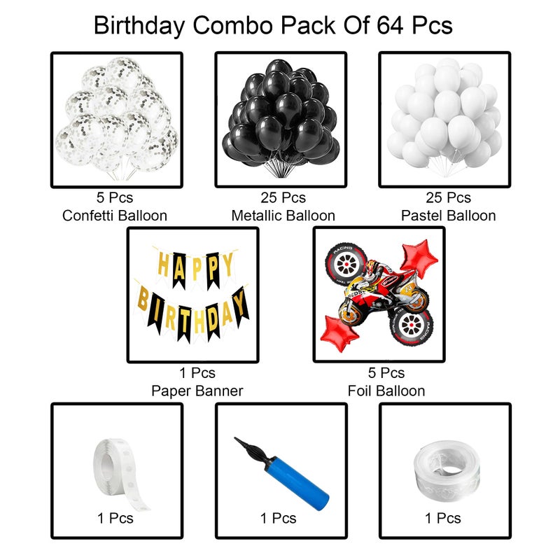 Crazykart Happy Birthday Decoration Kit Combo Bike Theme With Confettie Pastel Balloons Pump Arche For Kids Party Decorations (Pack of 64) Black-White - Image 2