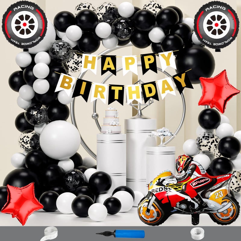 Crazykart Happy Birthday Decoration Kit Combo Bike Theme With Confettie Pastel Balloons Pump Arche For Kids Party Decorations (Pack of 64) Black-White - Image 1