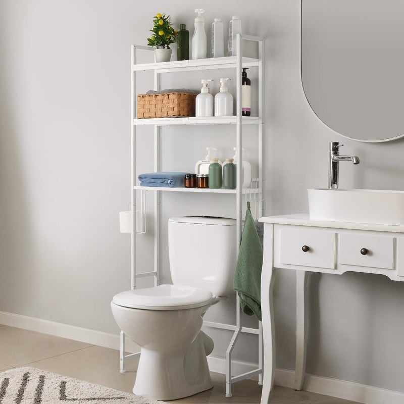 Over The Toilet Storage Rack 3 Tier Over Toilet Bathroom Organizer Wooden Behind The Toilet Storage Standing Shelf with 4 Hooks and Toilet Paper Holder Space Saver White