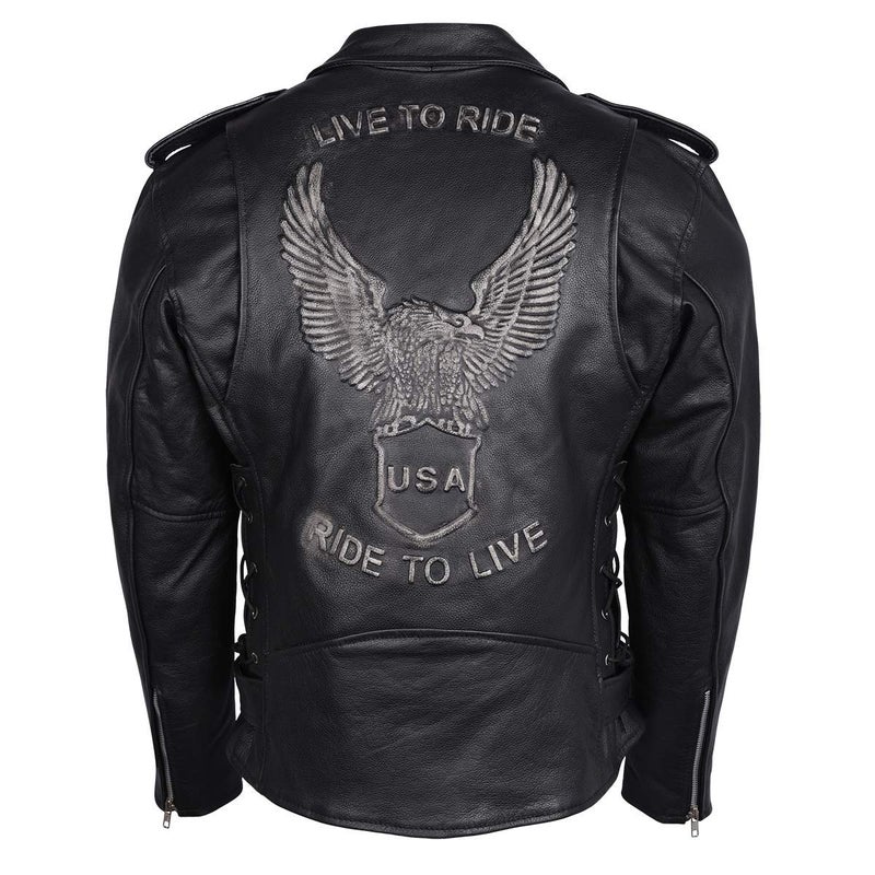 Mens Eagle Embossed Live To Ride Ride To Live Classic Black Leather Motorcycle Biker Jacket Large Black