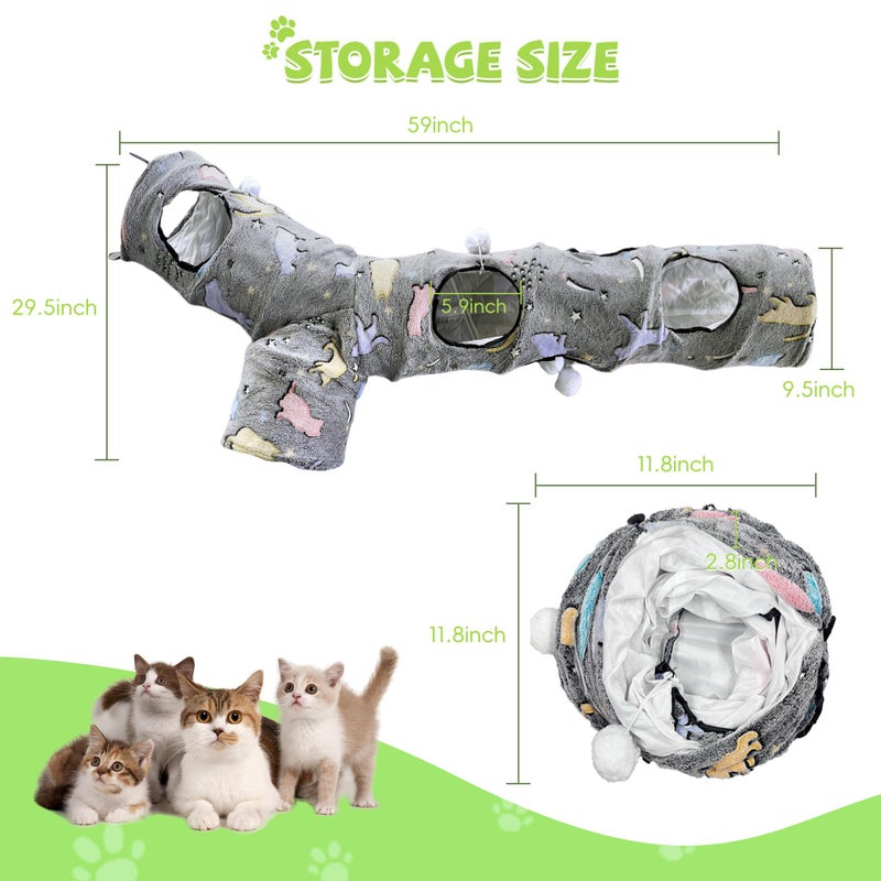 GRETMIX Cat Tunnels for Indoor Cats, Self-Luminous Cat Tunnel with Plush Ball, 3 Way Kitten Tunnel Collapsible, Cat Play Tunnel with Interactive Peephole for Large Cat, Puppy, Kitten - Image 3