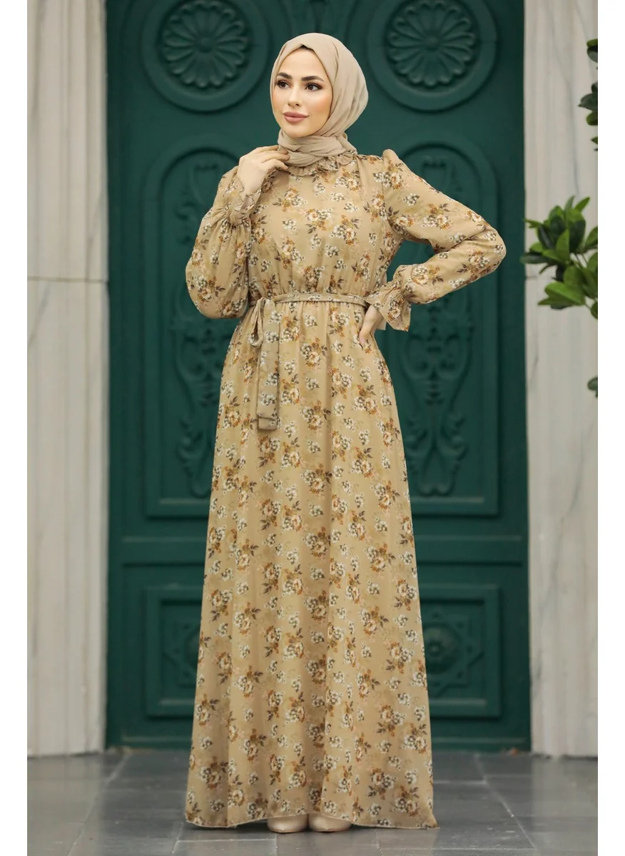 Neva Style - Floral Patterned Biscuit Hijab Dress 29713BS