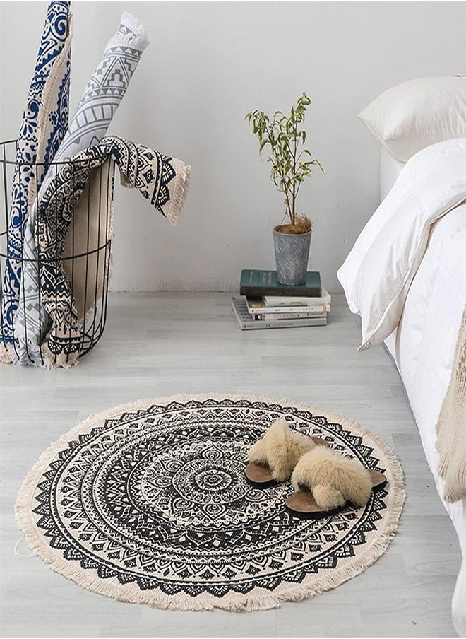 joyzzz - Round Rug Circle Bohemian Washable Hand Woven Cotton Non Slip Indoor Sofa Floor Area Mat for Living Room Children Playroom Compatible Bedroom - Image 1