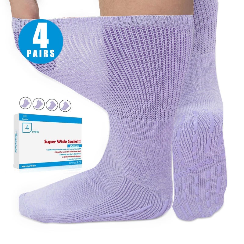 Bulinlulu Extra Width Diabetic Socks Men Women-4 Pairs Wide Edema Sock for Swollen Feet,Non Slip Cast Bariatric Socks 13-15,Hospital Socks with Grips, Lymphedema Socks(4 Purple) - Image 1