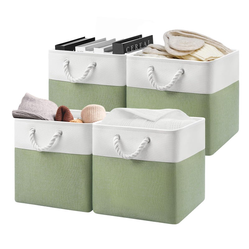 Patvingot 13x13x13 Cube Storage Bins4 Pack Large Foldable Fabric Storage Cubes with Handles for Organizing Home Closet Shelf OfficeWhiteGreen - Image 2