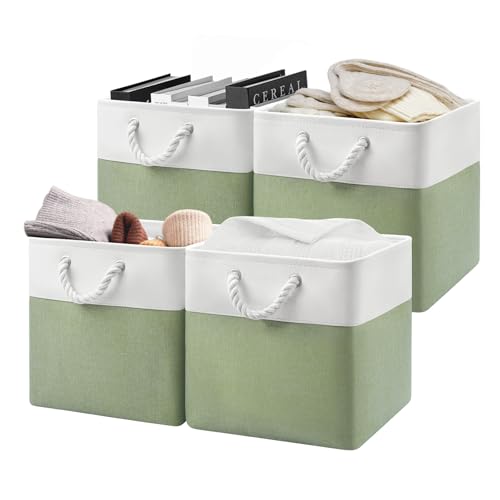 Patvingot 13x13x13 Cube Storage Bins4 Pack Large Foldable Fabric Storage Cubes with Handles for Organizing Home Closet Shelf OfficeWhiteGreen - Image 1