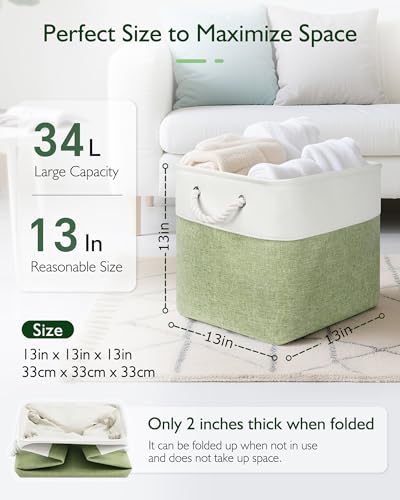 Patvingot 13x13x13 Cube Storage Bins4 Pack Large Foldable Fabric Storage Cubes with Handles for Organizing Home Closet Shelf OfficeWhiteGreen - Image 3