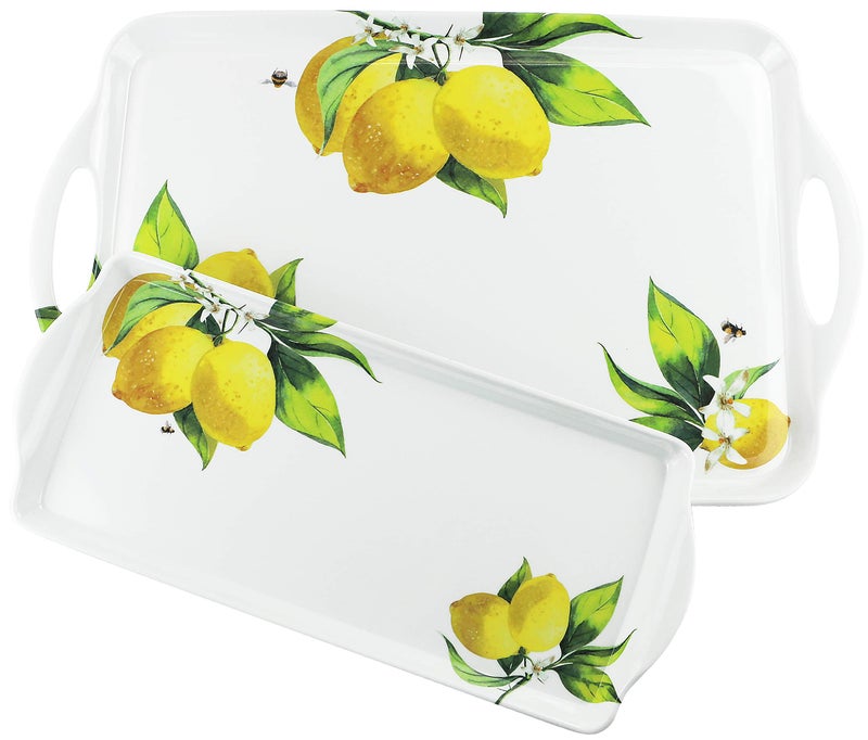 Calypso Basics by Reston Lloyd 2pc Melamine Tray set Rectangular ServingOttoman Tray with Handles and Matching Small Tidbit Tray Food SafeBPA Free Fresh Lemon Pattern