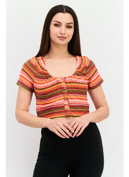 BCBGeneration Women Scoop Neck Short Sleeves Stripe Crop Top, Pink  - Image 1