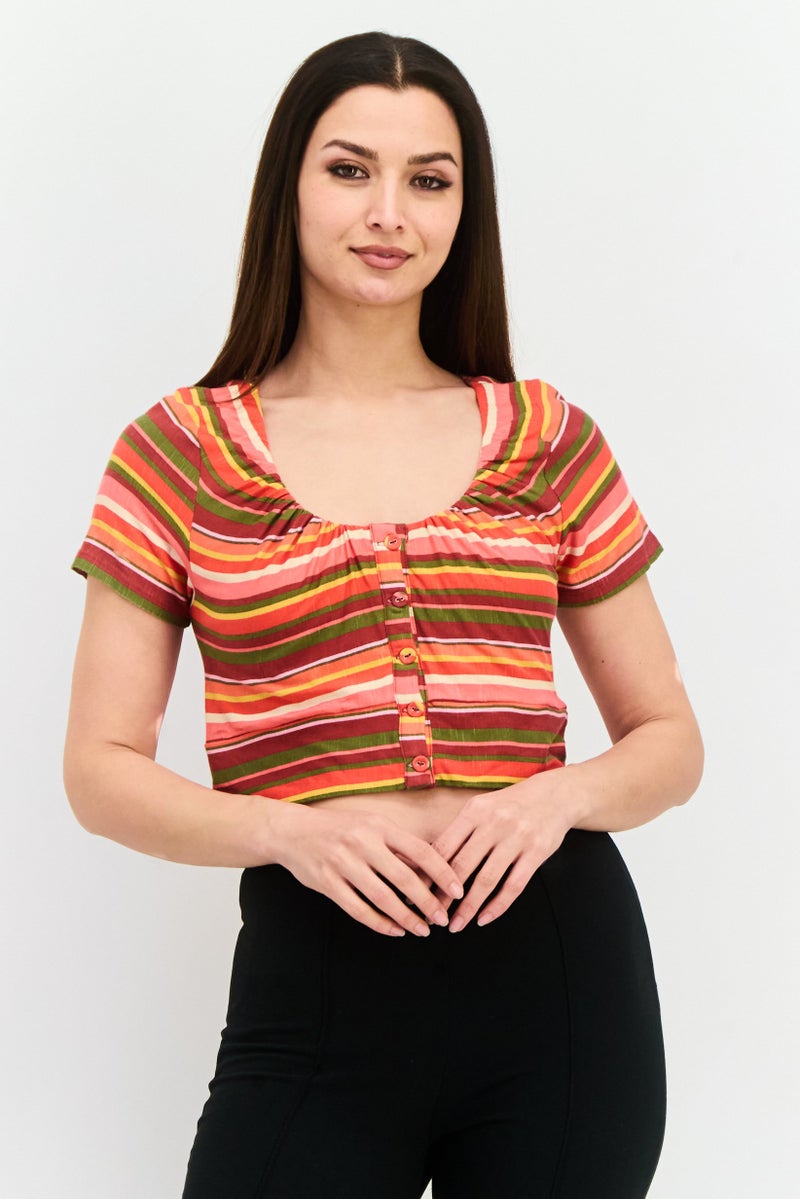 BCBGeneration Women Scoop Neck Short Sleeves Stripe Crop Top, Pink - Image 1