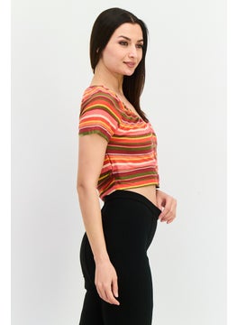 BCBGeneration Women Scoop Neck Short Sleeves Stripe Crop Top, Pink  - Image 2