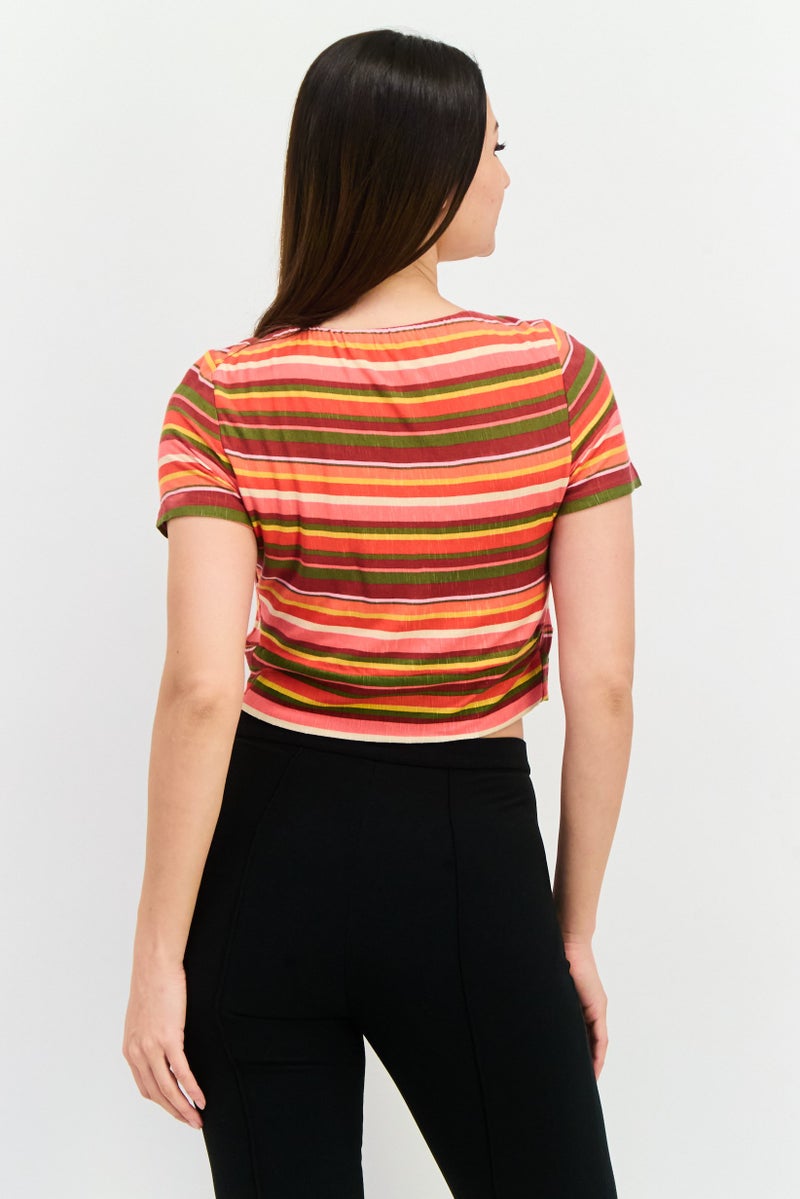 BCBGeneration Women Scoop Neck Short Sleeves Stripe Crop Top, Pink - Image 3