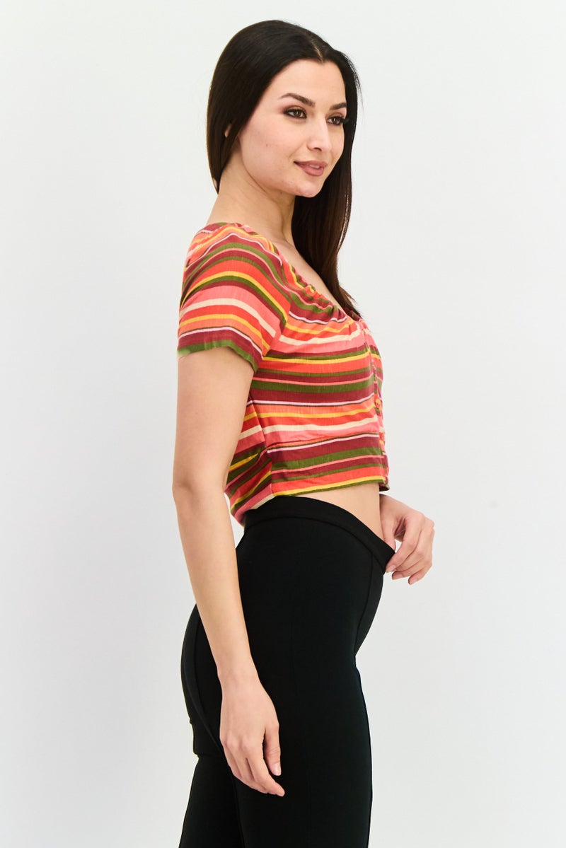 BCBGeneration Women Scoop Neck Short Sleeves Stripe Crop Top, Pink - Image 2