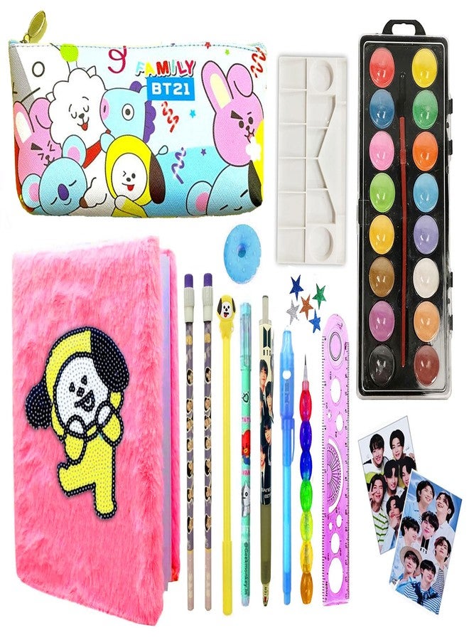 Neel Cotton School Stationery Set, School Supply Set For Kids Bts Theme Pencil Case With All Stationery, Birthday Gift Set For Kids Return Gift Set Bts Stationery (Style 3), Multicolor - Image 1