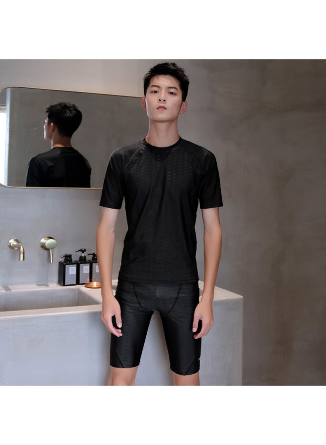 Generic Swimsuit Men's Professional Anti-embarrassment Large Size Five-point Pants Swimming Equipment Comfortable Full Body Hot Spring Swimsuit Men's Suit-Color:Black Top + Pants-  - Image 1