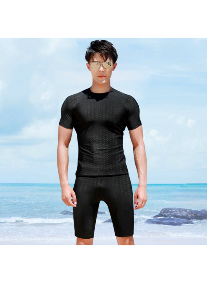 Generic Swimsuit Men's Professional Anti-embarrassment Large Size Five-point Pants Swimming Equipment Comfortable Full Body Hot Spring Swimsuit Men's Suit-Color:Black Top + Pants-  - Image 2