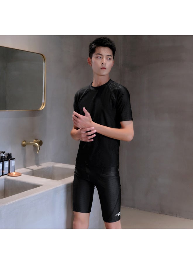 Generic Swimsuit Men's Professional Anti-embarrassment Large Size Five-point Pants Swimming Equipment Comfortable Full Body Hot Spring Swimsuit Men's Suit-Color:Black Top + Pants-  - Image 3