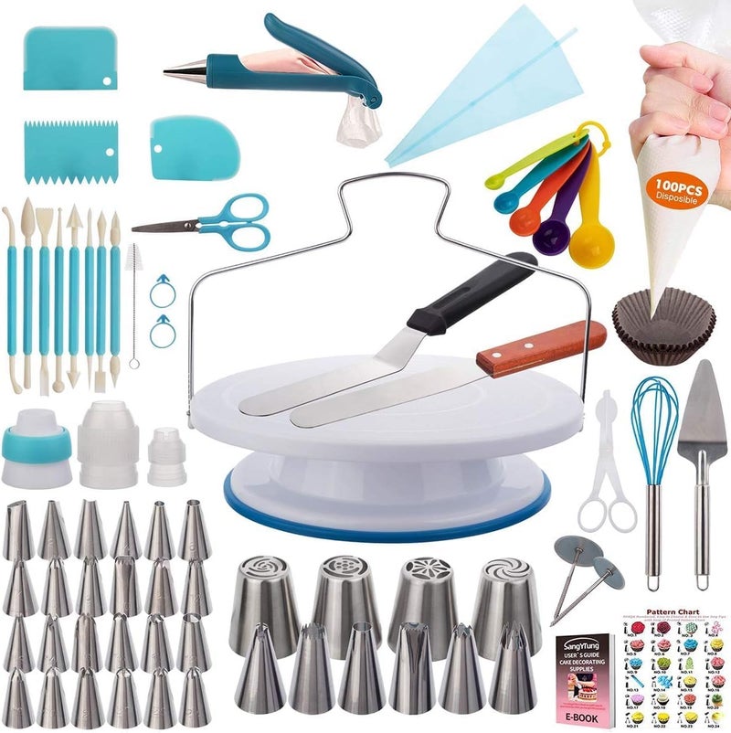AISARCH 207 Pcs Cake Decorating supplies Kit for Beginners Cake Turntable-100+ Piping Bags-Russian Piping Tips-Icing Spatula Cake Decorating Tools - Image 1