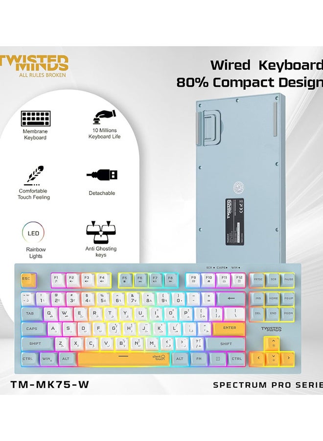 Twisted Mind TM-MK75-W Spectrum Series Wired Keyboard 80% Compact 87-Key Gasket Structure Membrane, English/ Arabic Layout RGB Backlit, 19-Key Anti-Ghosting USB-C Detachable Cable - Image 2