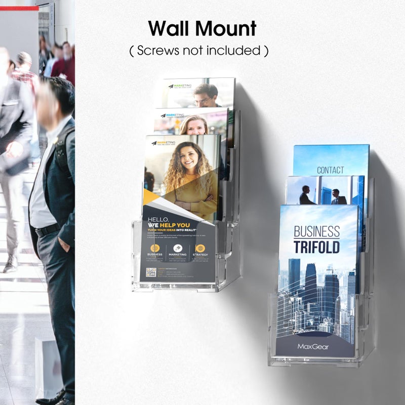 MaxGear Acrylic Brochure Holder, 4 Inch Wide 3 Tier Literature Display Stand, Clear Premium Acrylic Pamphlet Holder, Multi Pocket Wall Mount or Countertop Organizer, Office or Home Use, 2 Pack - Image 4