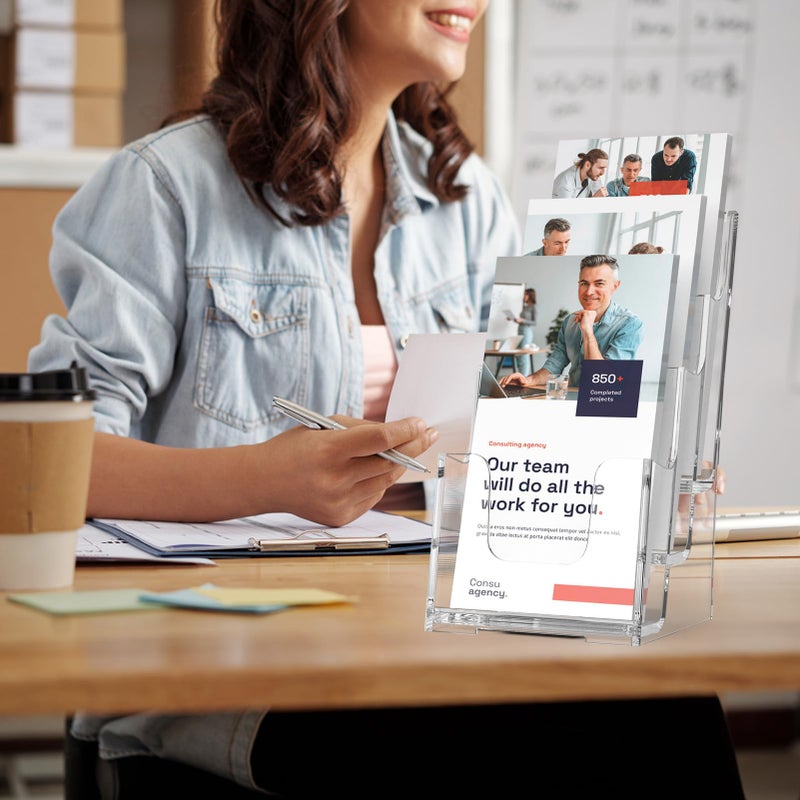 MaxGear Acrylic Brochure Holder, 4 Inch Wide 3 Tier Literature Display Stand, Clear Premium Acrylic Pamphlet Holder, Multi Pocket Wall Mount or Countertop Organizer, Office or Home Use, 2 Pack - Image 5