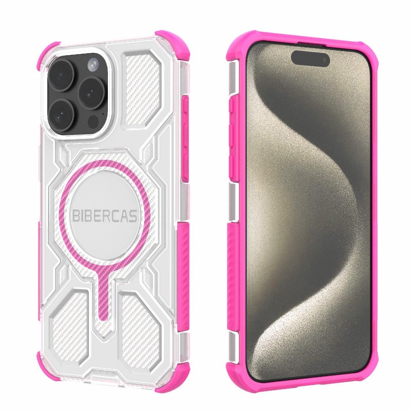 BIBERCAS For Iphone 15 Pro Max Transparent Color Series Magsafe Air Bag Shockproof Phone Case(Pink) - Image 1