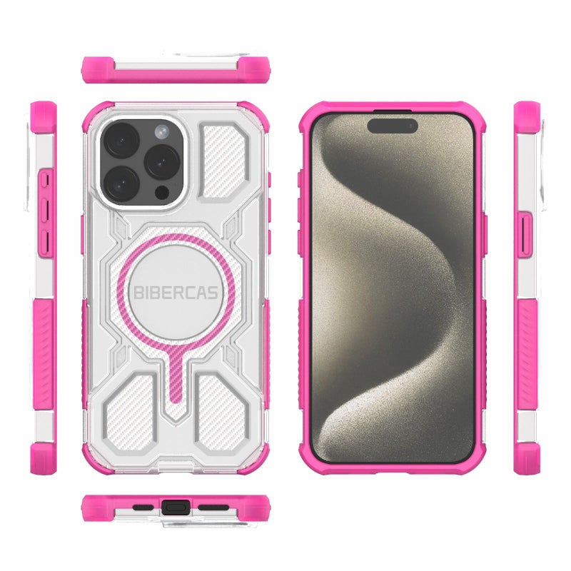 BIBERCAS For Iphone 15 Pro Max Transparent Color Series Magsafe Air Bag Shockproof Phone Case(Pink) - Image 2