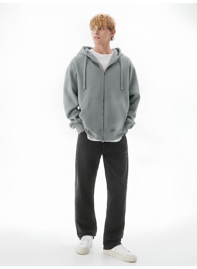 مانياك سويت شيرت رجالي سادة بغطاء رأس وسحاب كامل بأكمام طويلة، رمادي فاتح، قطن فرنسي، مقاس واسع - Image 5