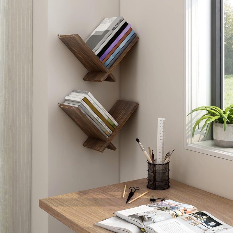 Craftware Bookcase Wall Wooden Floating Bookcase Vintage Small V Shape Wall Shelf for Book Study Bedroom Living Room Decoration Pack of 1 - Image 1