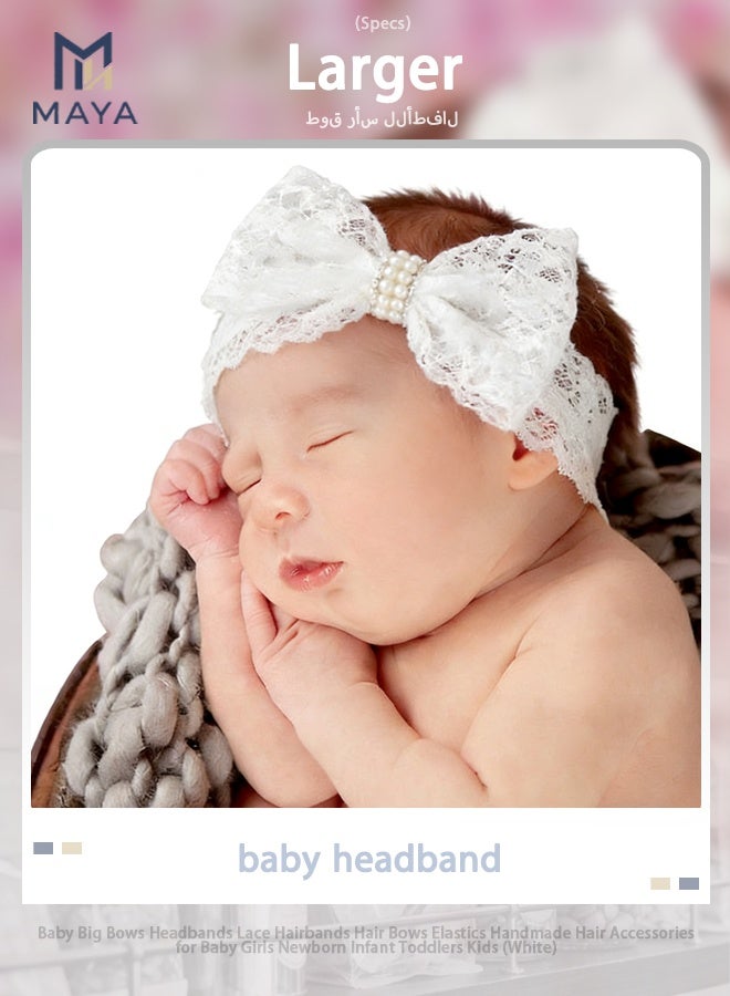 Maya Baby Big Bows Headbands Lace Hairbands Hair Bows Elastics Handmade Hair Accessories for Baby Girls Newborn Infant Toddlers Kids (White) - Image 1