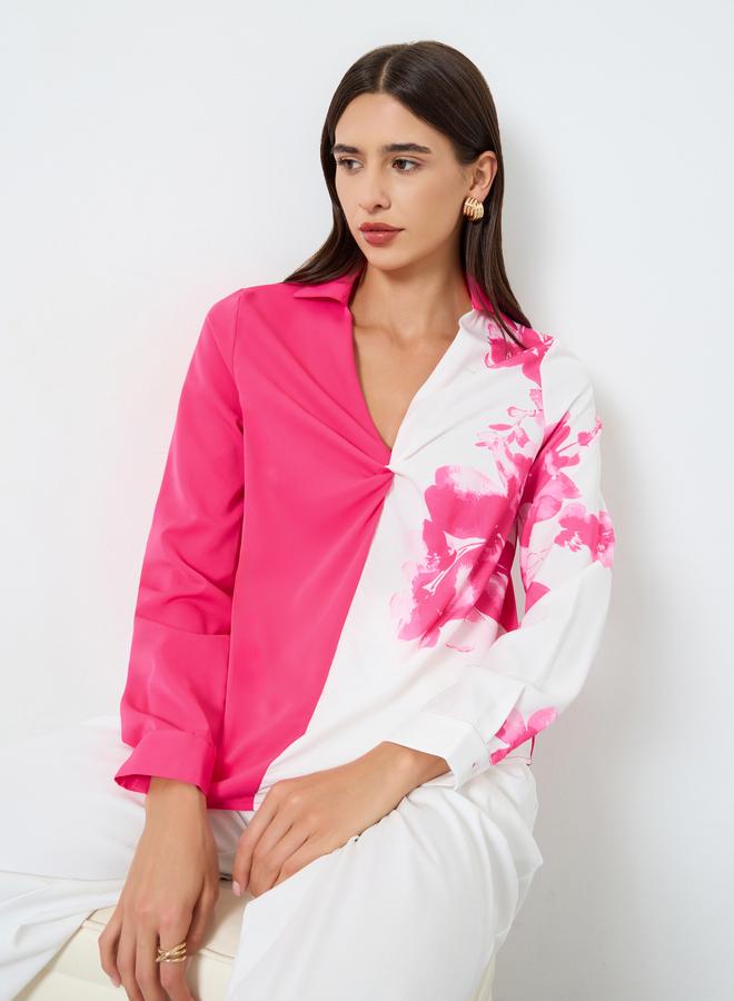 Take Two Floral Printed Ruffle Front Detail Long Sleeve Top - Image 1