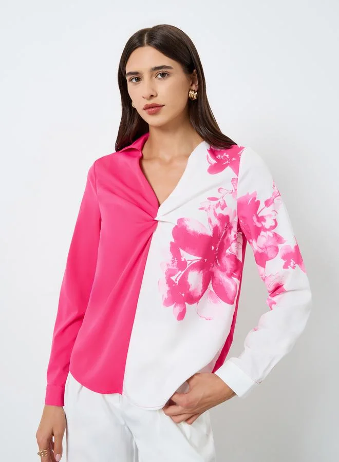 Take Two Floral Printed Ruffle Front Detail Long Sleeve Top