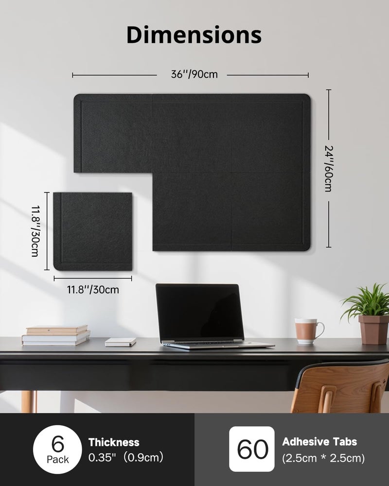 Woovio Bulletin Board, 36 x 24 inches Cork Board Alternative, 6 Pack 12"X12"X0.4" Felt Pin Boards for Walls Home Office Decor, Classroom with 30 Adhesive Tabs Black - Image 2